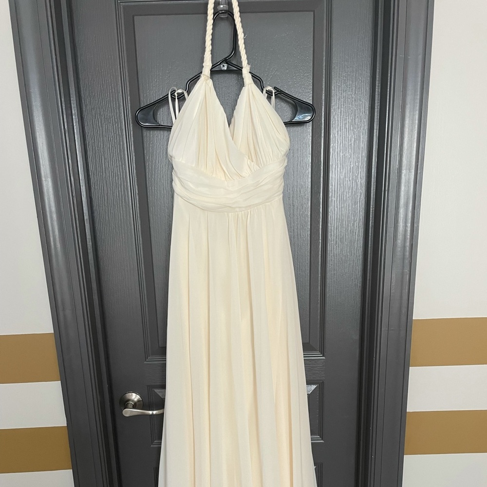 Pink blush maternity dress in ivory chiffon.